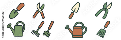 Collection of essential garden tools including trowels, pruners, and watering cans for home gardening activities