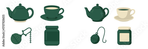 Essential kitchen items for brewing and serving tea, including teapots, cups, infusers, and jars