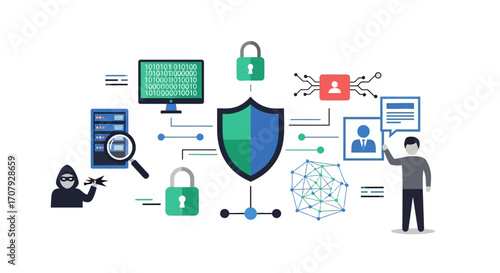 Cybersecurity and digital protection concept with shield and network.