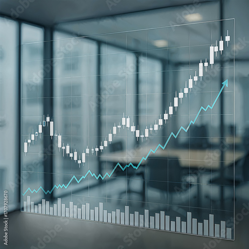 A rising financial chart with candlestick and line graphs is displayed on transparent glass in a modern office. The upward trend symbolizes financial growth, business success, and promising economic p