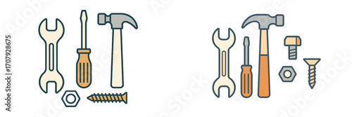 Assortment of essential hand tools and hardware including wrench, screwdriver, hammer, nut, bolt, and screw for various repair and building tasks