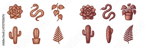 Monochrome desert flora and fauna collection with stipple texture, featuring succulents, cacti, and a snake in a rustic style
