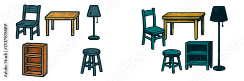 Stylized wooden furniture collection with chairs, tables, floor lamps, stools, and bookshelves for interior design