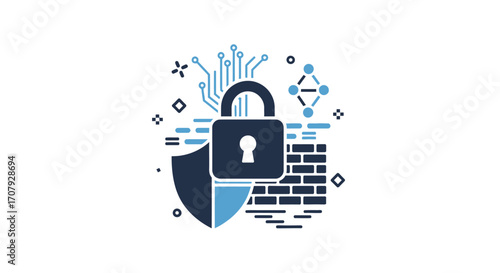 Cybersecurity concept with padlock shield and firewall icon.