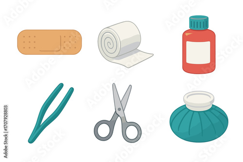 Medical supplies and first aid equipment with bandage, gauze, medicine bottle, tweezers, scissors, ice pack