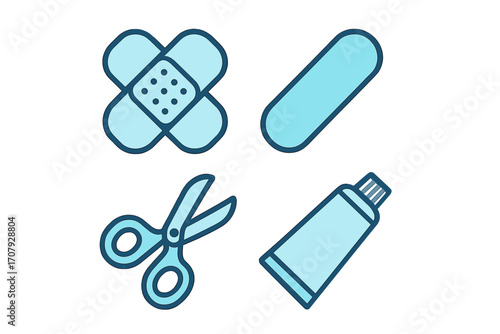 Essential medical first aid items including adhesive bandages, scissors, and an ointment tube for health