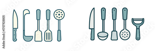 Assortment of essential kitchen utensils and cooking tools including knives, ladles, spatulas, slotted spoons, and vegetable peelers