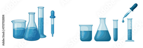 Chemistry laboratory glassware set with blue liquid in various glass containers for scientific research and experiments