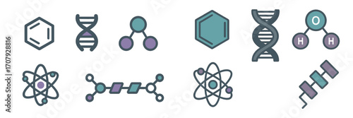 Scientific molecular structures, atomic models, and genetic symbols representing chemistry and biology concepts and research