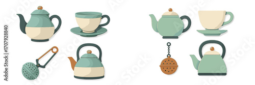 Collection of teapots, teacups, and tea infusers for brewing hot beverages