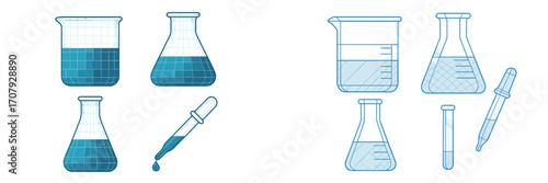 Scientific laboratory glassware set with beakers, flasks, test tube, and dropper filled with blue liquid for experiments
