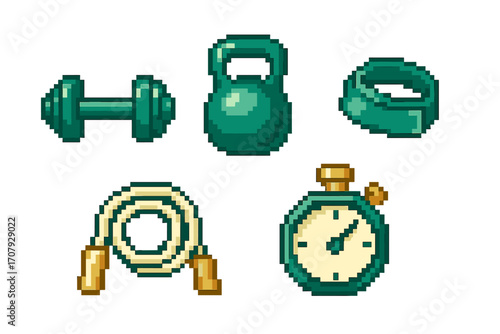 Collection of pixel art fitness equipment including dumbbell, kettlebell, jump rope, resistance band, and stopwatch for exercise and workout concepts