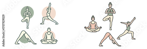 Stylized women figures demonstrating a variety of yoga poses for physical and mental well-being, including tree, warrior, and lotus positions