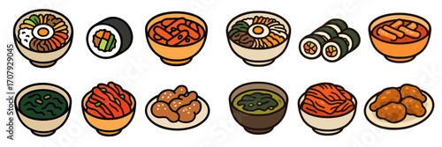 Delicious and popular Korean food dishes including bibimbap, kimbap, tteokbokki, kimchi, and crispy fried chicken