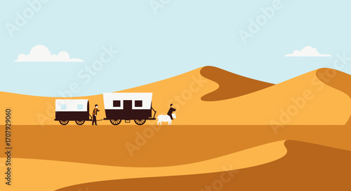 Desert caravan travel scene with people and wagons.