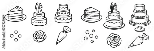 Assortment of wedding cakes, tiered desserts, cake slices, baking tools, and elegant floral decorations for special occasion designs