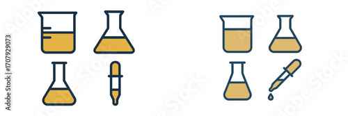 Science laboratory equipment set including beakers, flasks, and pipettes filled with liquid for chemical research