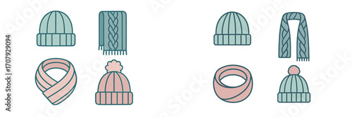 Collection of warm winter clothing accessories including knitted hats, scarves, and snoods for cold weather