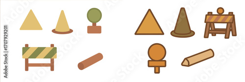Construction site elements with traffic cones, road barriers, warning signs, and logs