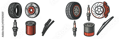Collection of automotive vehicle spare parts and essential components for car maintenance and repair service