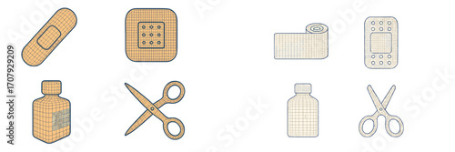 Collection of essential first aid supplies including bandages, medical tape, bottles, and scissors for healthcare