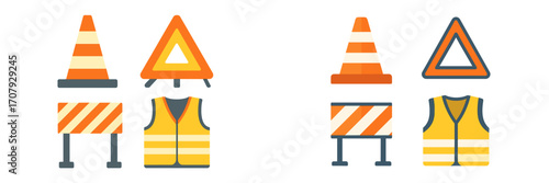 Construction site safety equipment set including traffic cones, road barriers, warning signs, and reflective vests for road work