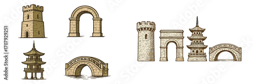 Set of historical architectural elements featuring stone towers, arches, bridges, and a traditional Asian pagoda