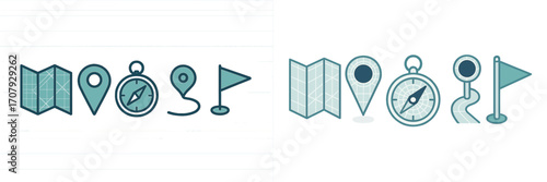 Navigation and location symbols with map, compass, and destination markers