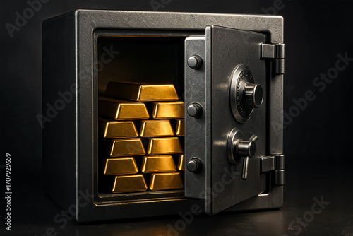 An open steel safe reveals neatly stacked gold bars inside, reflecting a soft light. The secure vault symbolizes wealth, security, investment, and the protection of priceless, tangible financial asset