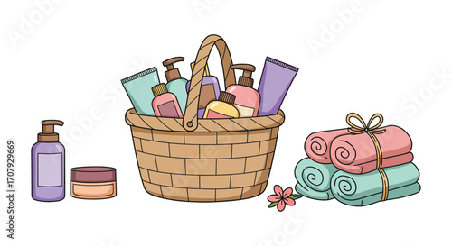 basket filled with toiletries and rolled towels beside flower