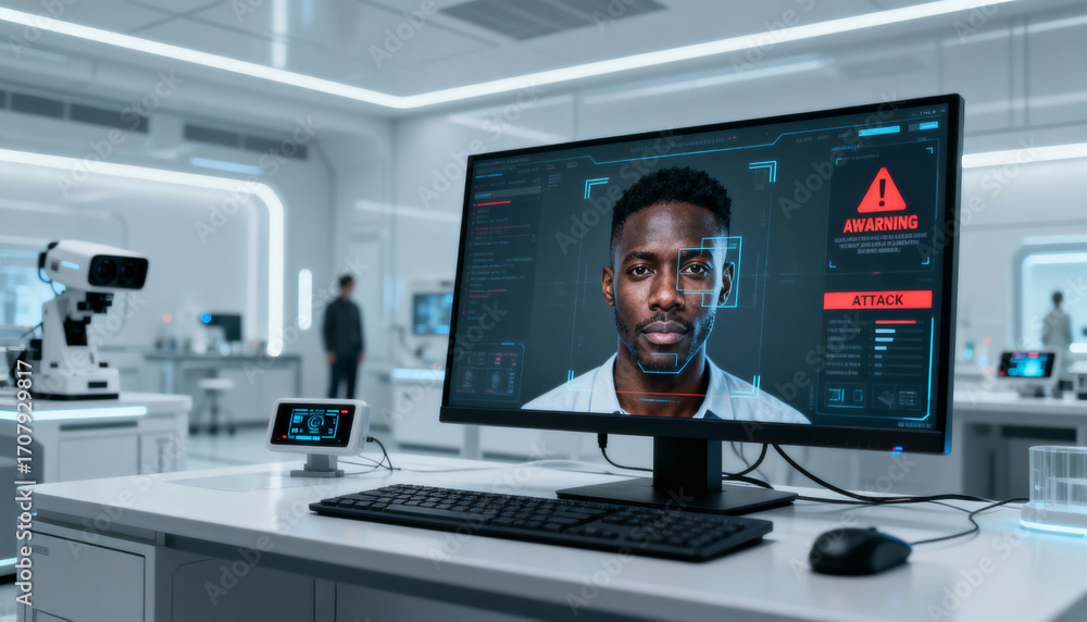 Naklejka premium AI deepfake fraud and cyber attack concept. Facial recognition system detects a security threat. Biometric identity verification with warning alert for a data breach and hacking.