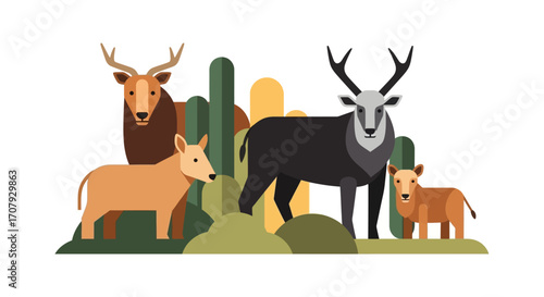 Diverse Deer Family in a Natural Setting.