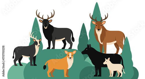 Diverse Group of Deer and Other Mammals in a Forest Setting.