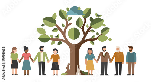 Diverse group of people holding hands around a tree symbolizing unity and nature.