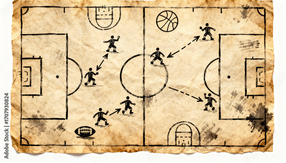 Obraz premium Hand-drawn strategy game plan combining football, soccer, basketball. Coaching tactics on old paper. Concept for teamwork, planning, competition, and complex solutions.