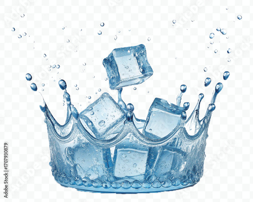 realistic 3d smooth ice cubes into water splash in  different style isolated on transparent background