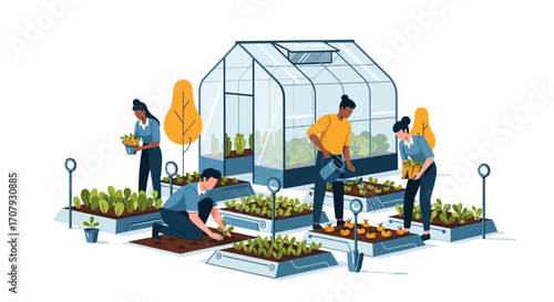 Diverse group of people working together in a community garden.