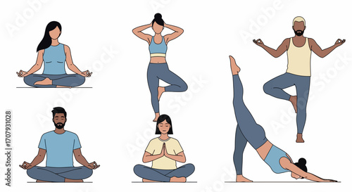 Diverse individuals practicing yoga poses for wellness and mindfulness.