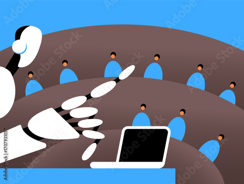 AI Robot Teacher in Classroom with Students. Future of Education and E-learning Concept. Flat Vector Illustration.
