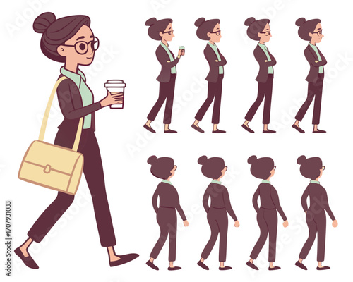 casual business woman holding coffee cup and bag character constructor for animation front side and back view set body parts postures poses collection ... See More