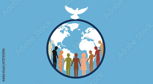 Diverse people united around the globe with a dove of peace.