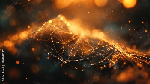 Abstract network, golden hills against dark background