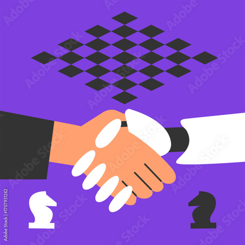 AI Robot Handshake with Chess Player Vector Illustration.
