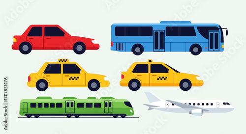 Diverse Transportation Vehicles - Car, Bus, Taxi, Train, and Airplane.