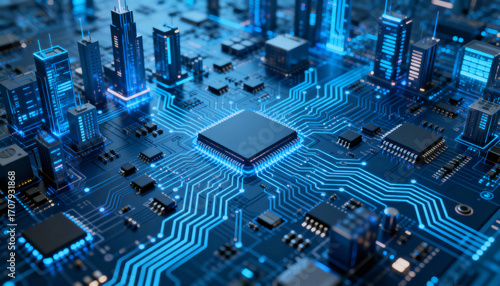 Futuristic city on a circuit board. A metaphor for smart city, big data, AI, and modern technology. Blue glowing electronic components, CPU, and metropolis skyline.