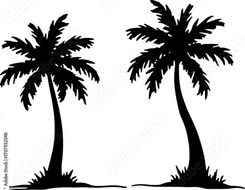Silhouettes of two coconut palm trees on tropical island shoreline silhouette