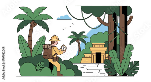 Explorer with compass in jungle setting.