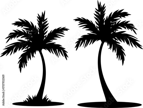 Two silhouetted palm trees standing tall in a tropical paradise scene silhouette
