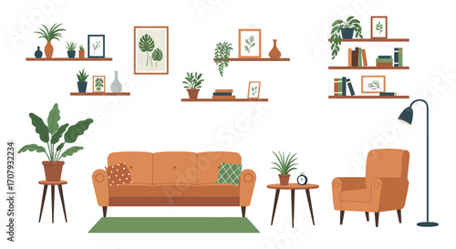 a cozy living room setup with furniture plants and shelves