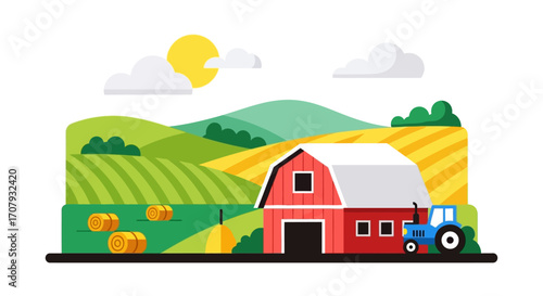 Farm scene with red barn, tractor, and golden fields.